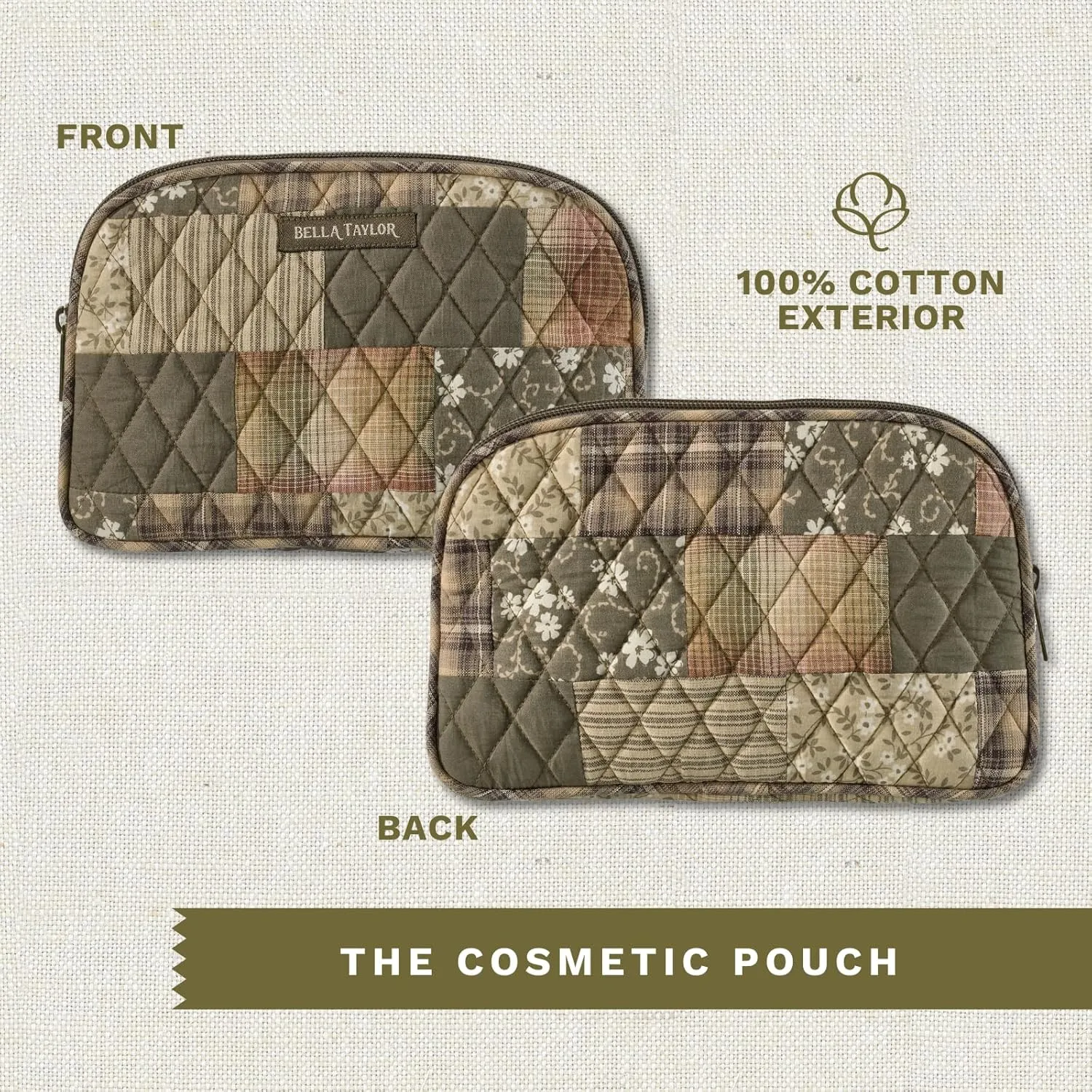 Bella Taylor Large Makeup Pouch for Women | Quilted Cotton Cosmetic Bag for Travel and Organization | Woodland Patch