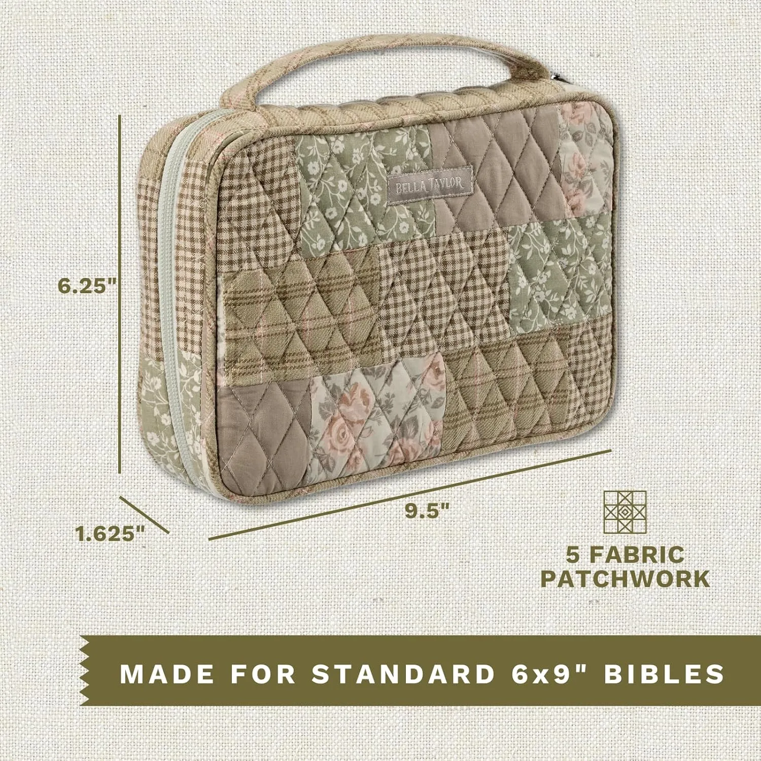 Bella Taylor Small Bible Cover for Women - Quilted Cotton Bible Case for 6 x 9 inch Books - Cameo Rose Patchwork