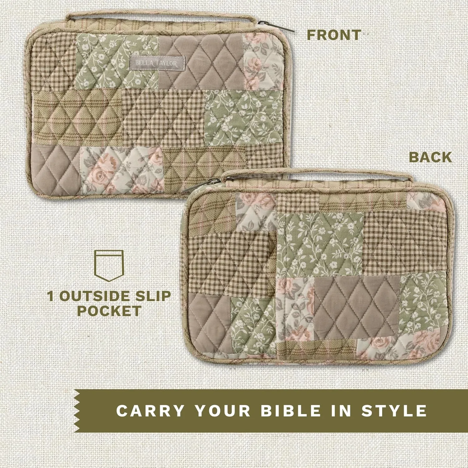 Bella Taylor Small Bible Cover for Women - Quilted Cotton Bible Case for 6 x 9 inch Books - Cameo Rose Patchwork