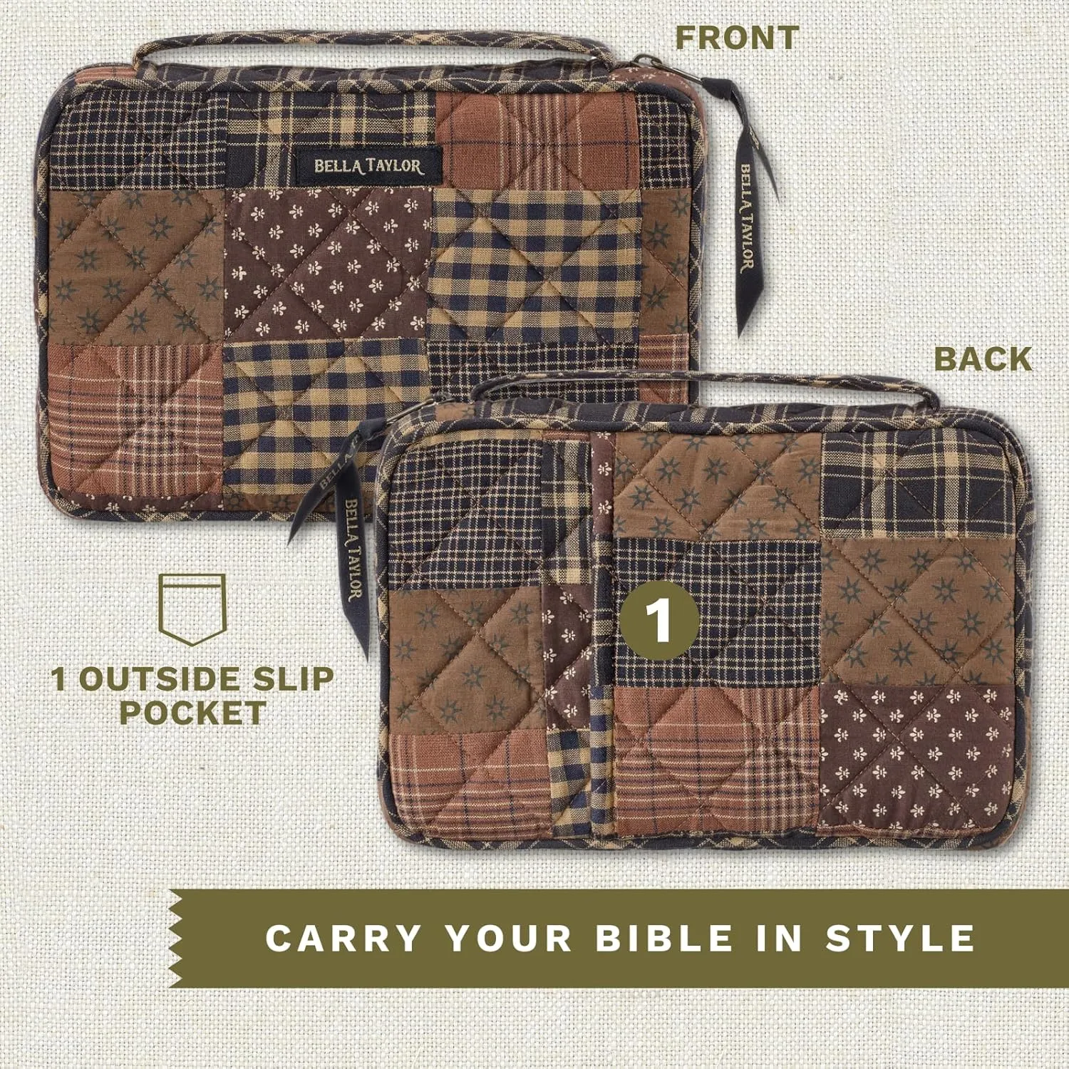 Bella Taylor Small Bible Cover for Women - Quilted Cotton Bible Case for 6 x 9 inch Books - Ironstone