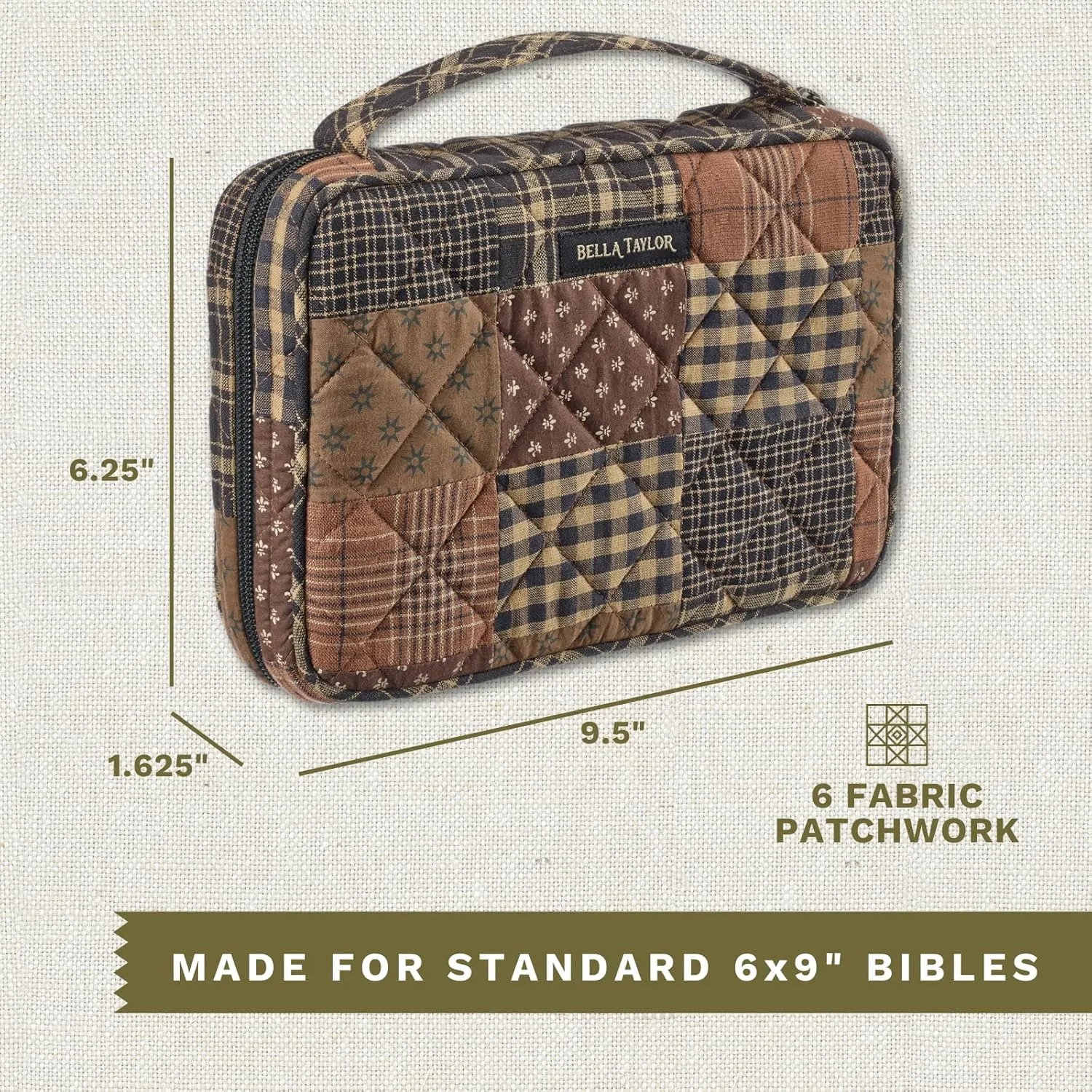 Bella Taylor Small Bible Cover for Women - Quilted Cotton Bible Case for 6 x 9 inch Books - Ironstone