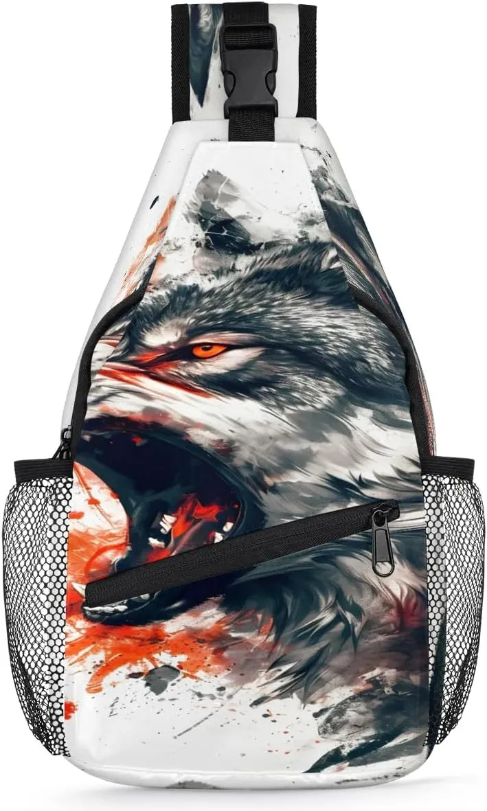 Bellowing Fiercely Wolf Sling Backpack for Women Men Waterproof Antitheft Chest Bag Lightweight Travel Crossbody Shoulder Bag for Shopping Outdoor Leisure Sports Mountaineering Riding