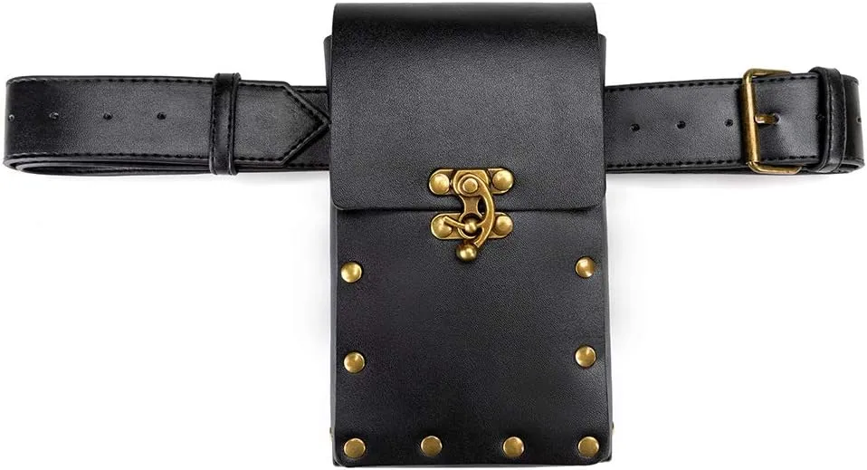 Belt Pouch Waist Bag Fanny Pack Medieval Vintage Phone Holder Holster Belt Purse Wallet Hip Pocket Festival Ren Faire Costume (Black)