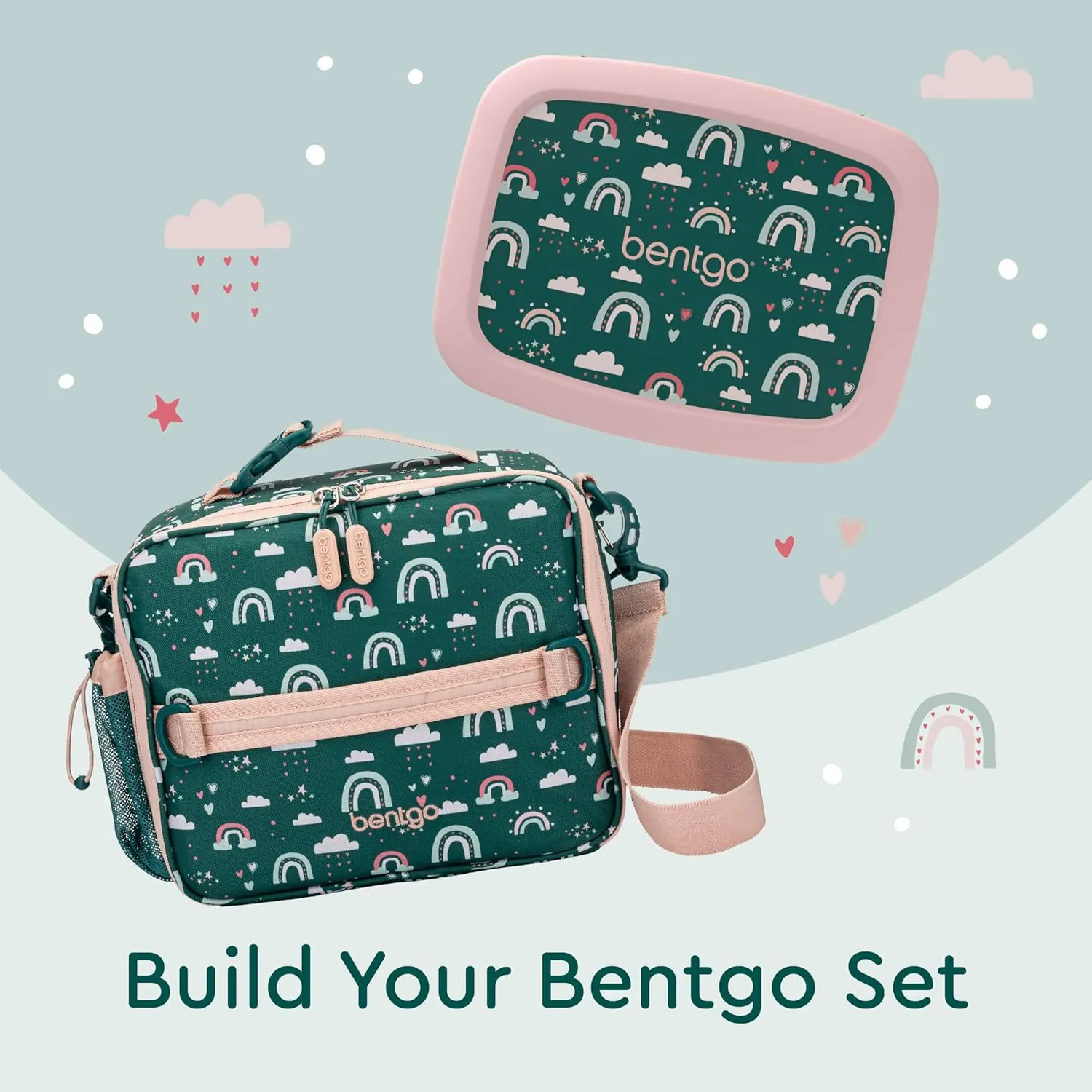 Bentgo Kids Lunch Bag - Durable, Double-Insulated Lunch Bag for Kids 3 ; Holds Lunch Box, Water Bottle, & Snacks; Easy-Clean Water-Resistant Fabric & Multiple Zippered Pockets (Green Rainbow)