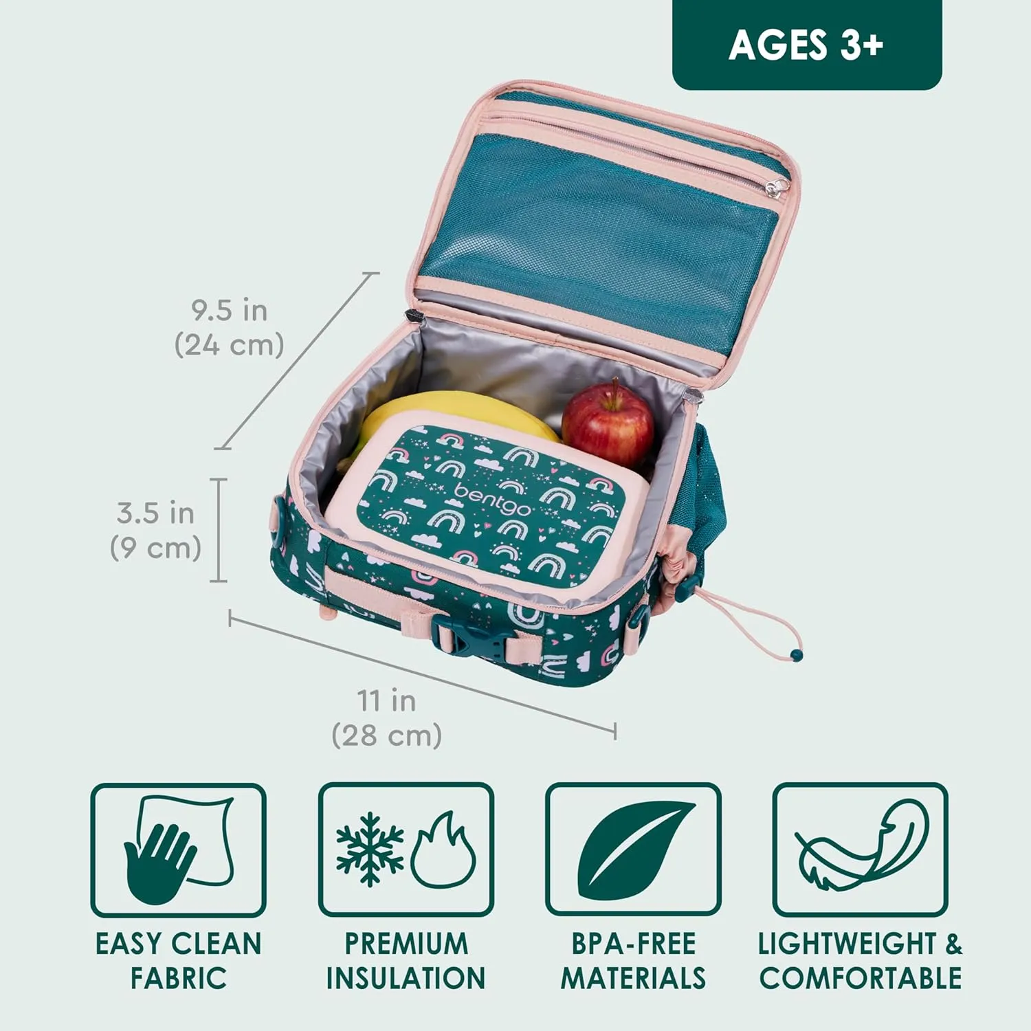 Bentgo Kids Lunch Bag - Durable, Double-Insulated Lunch Bag for Kids 3 ; Holds Lunch Box, Water Bottle, & Snacks; Easy-Clean Water-Resistant Fabric & Multiple Zippered Pockets (Green Rainbow)