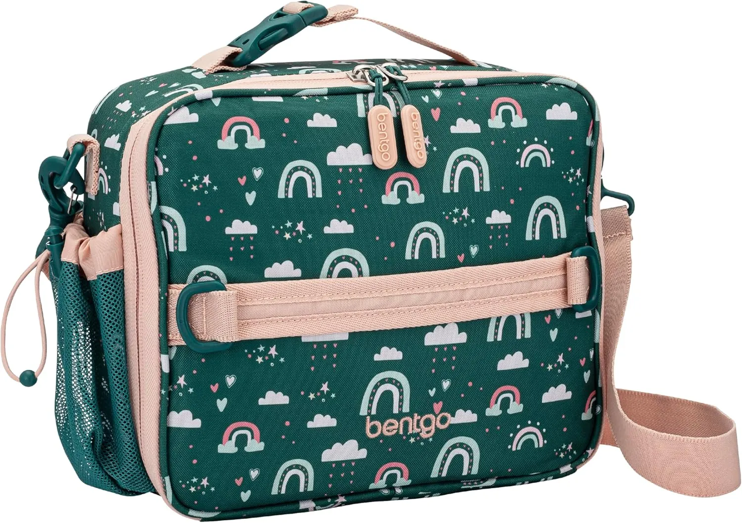 Bentgo Kids Lunch Bag - Durable, Double-Insulated Lunch Bag for Kids 3 ; Holds Lunch Box, Water Bottle, & Snacks; Easy-Clean Water-Resistant Fabric & Multiple Zippered Pockets (Green Rainbow)