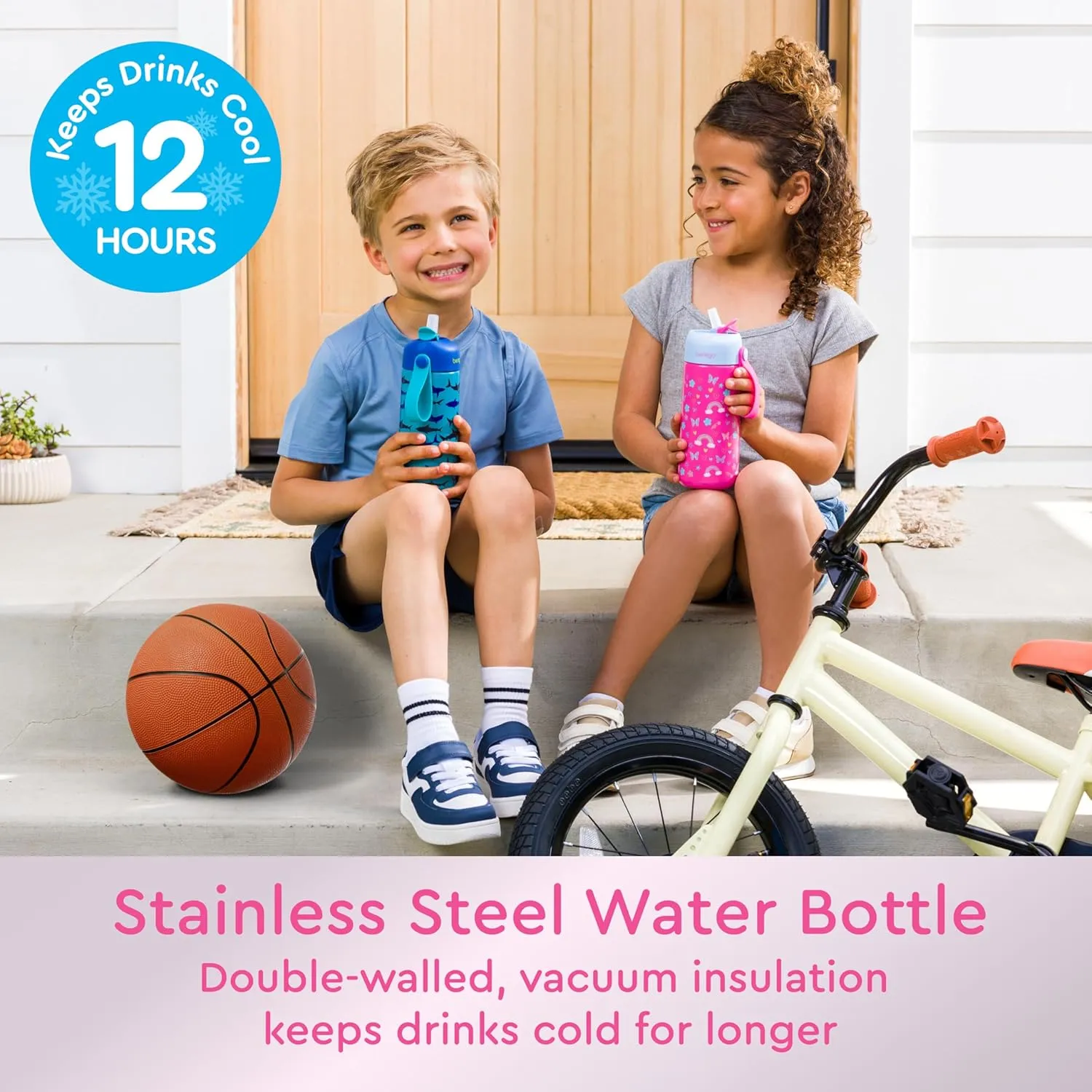 Bentgo® Kids Stainless Steel Insulated Water Bottle - Leak-Proof; Keeps Cool for 12 Hours; Durable, BPA-Free, Dishwasher Safe 14 oz. Cup for Ages 3  for School/Sports/Daycare (Rainbows & Butterflies)