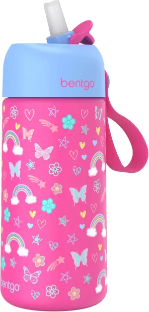 Bentgo® Kids Stainless Steel Insulated Water Bottle - Leak-Proof; Keeps Cool for 12 Hours; Durable, BPA-Free, Dishwasher Safe 14 oz. Cup for Ages 3  for School/Sports/Daycare (Rainbows & Butterflies)