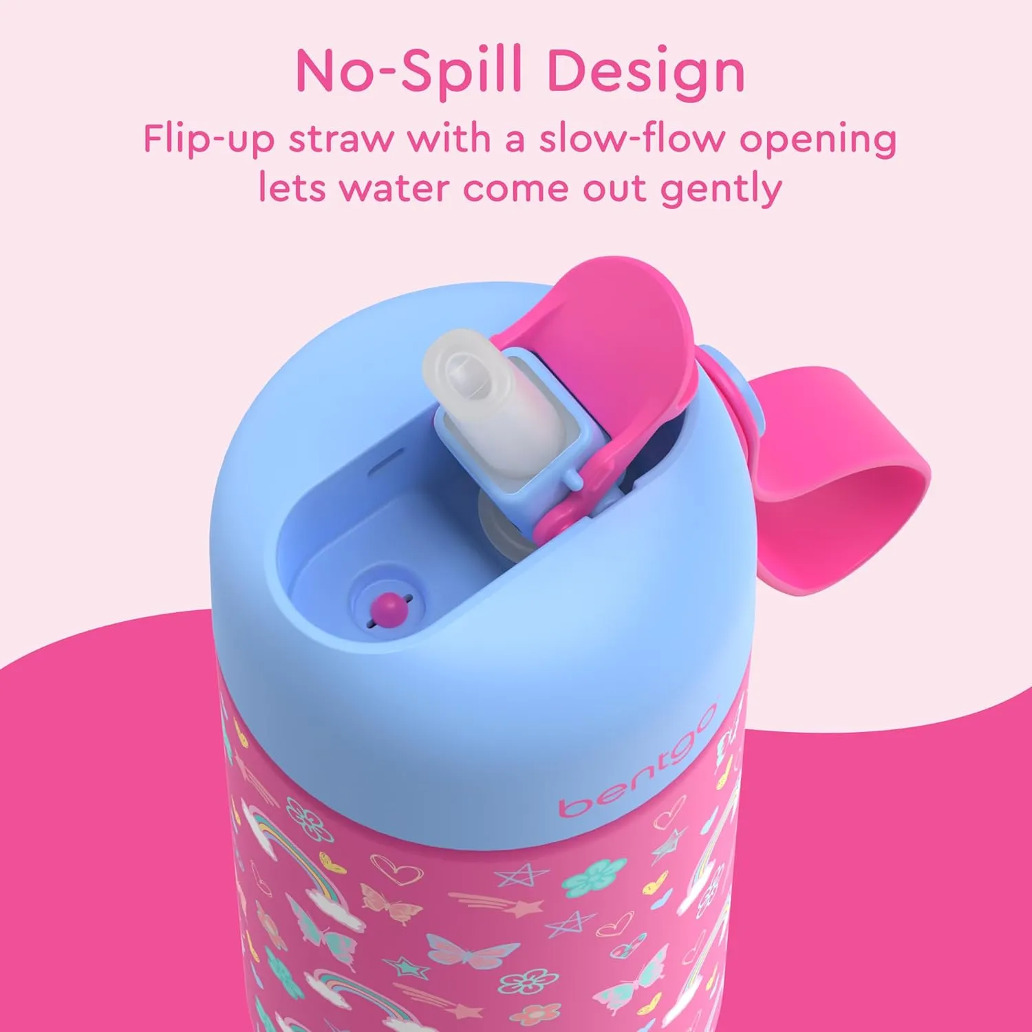 Bentgo® Kids Stainless Steel Insulated Water Bottle - Leak-Proof; Keeps Cool for 12 Hours; Durable, BPA-Free, Dishwasher Safe 14 oz. Cup for Ages 3  for School/Sports/Daycare (Rainbows & Butterflies)