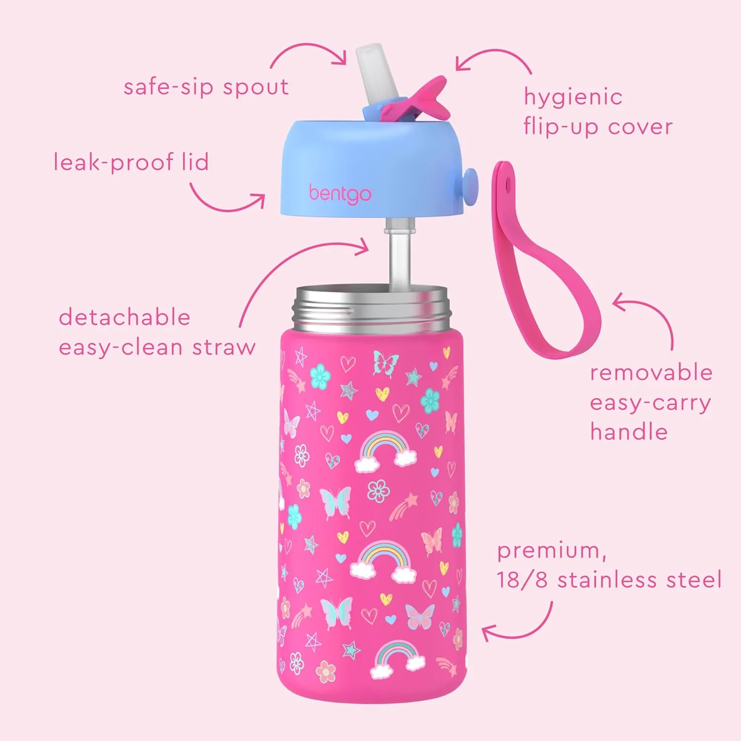 Bentgo® Kids Stainless Steel Insulated Water Bottle - Leak-Proof; Keeps Cool for 12 Hours; Durable, BPA-Free, Dishwasher Safe 14 oz. Cup for Ages 3  for School/Sports/Daycare (Rainbows & Butterflies)