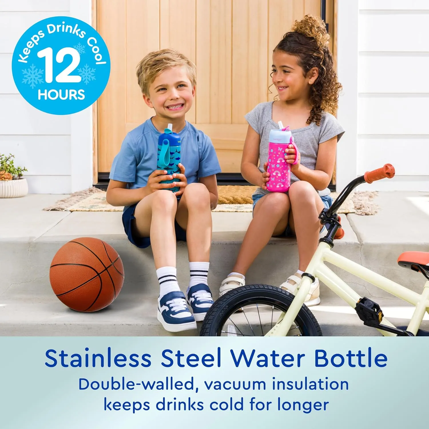 Bentgo® Kids Stainless Steel Insulated Water Bottle - Leak-Proof; Keeps Cool for 12 Hours; Durable, BPA-Free, Dishwasher Safe 14 oz. Cup for Ages 3  for School/Sports/Daycare (Sharks)