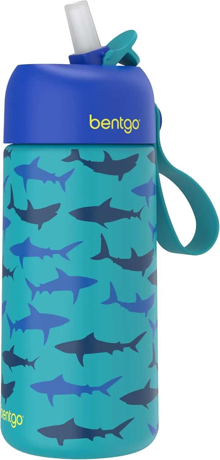 Bentgo® Kids Stainless Steel Insulated Water Bottle - Leak-Proof; Keeps Cool for 12 Hours; Durable, BPA-Free, Dishwasher Safe 14 oz. Cup for Ages 3  for School/Sports/Daycare (Sharks)