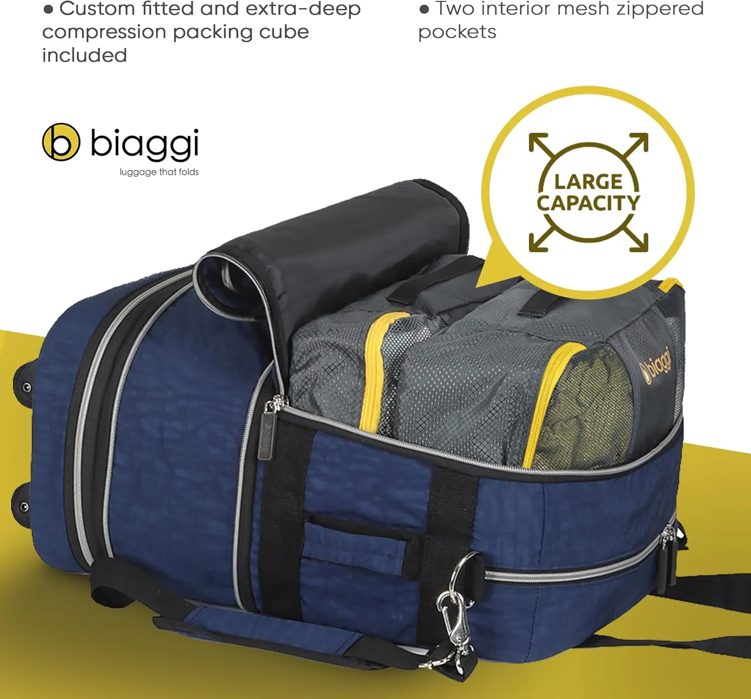 biaggi Zipsak Boost! Foldable Underseat Carry-On Expands to Full Size Carry-On - Custom Sized Packing Cube Included -(Navy Blue)
