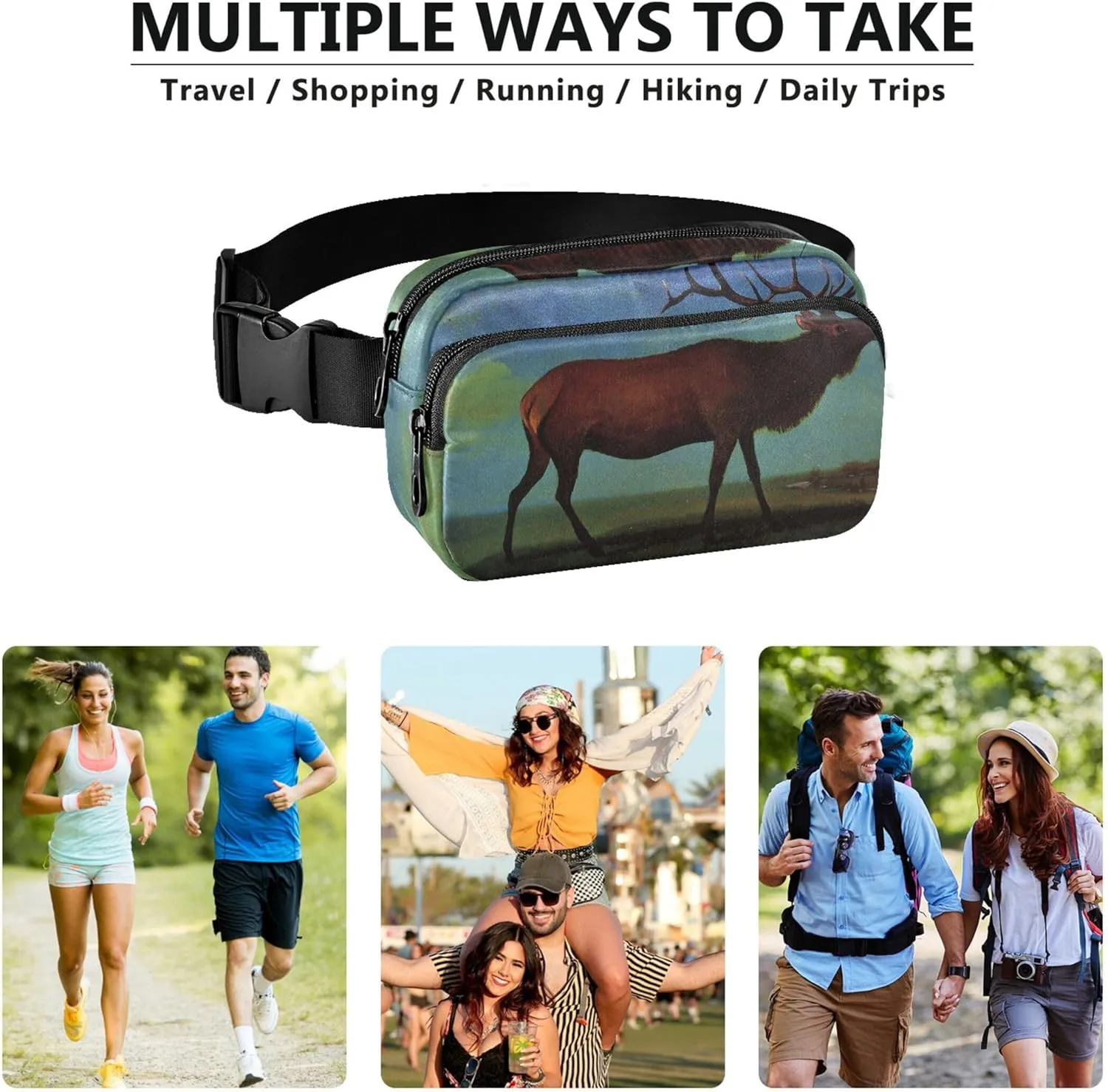Bierstadt Albert Elk Print Fanny Packs Women Hip Bag Belt Purse Waterproof Neon Waist Bag for Women