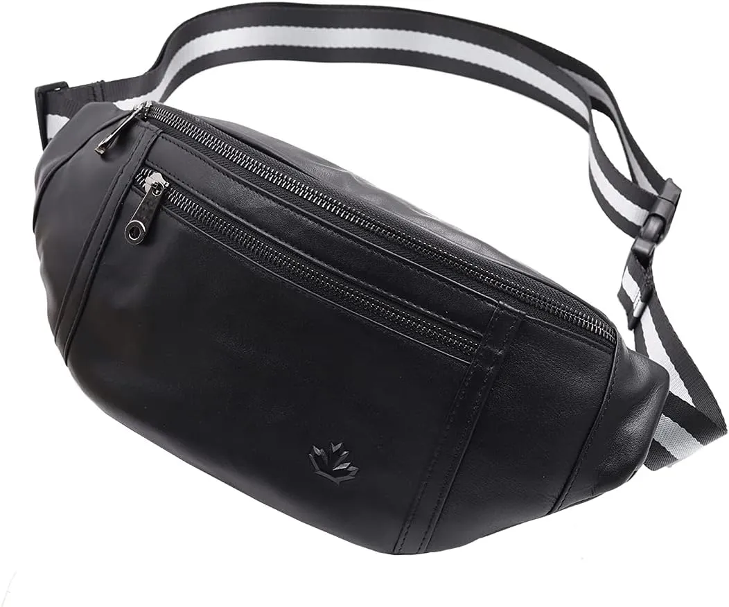 Big fanny pack Black Genuine Leather waist bag Hip Purse Adjustable Belt strap Casual Pouch Outdoor Day bag (Big Black)
