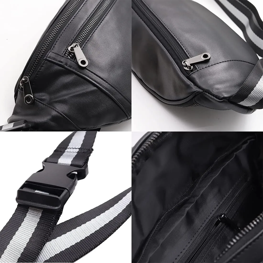 Big fanny pack Black Genuine Leather waist bag Hip Purse Adjustable Belt strap Casual Pouch Outdoor Day bag (Big Black)