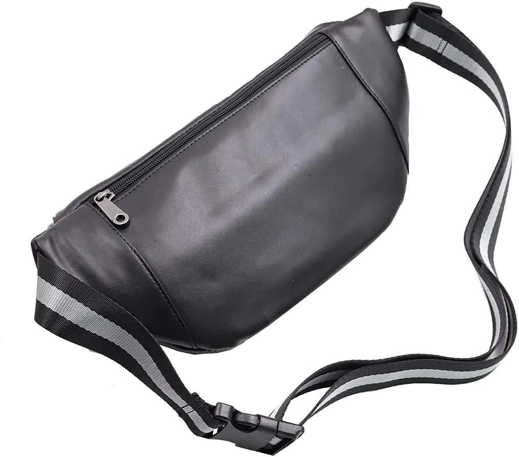 Big fanny pack Black Genuine Leather waist bag Hip Purse Adjustable Belt strap Casual Pouch Outdoor Day bag (Big Black)