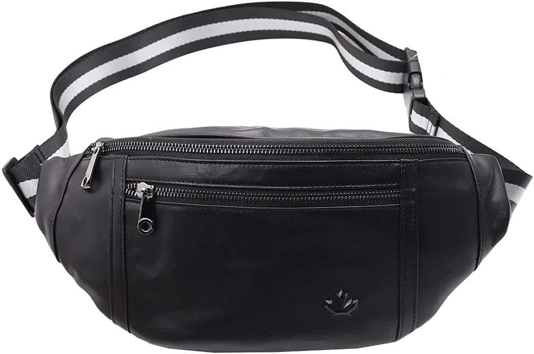 Big fanny pack Black Genuine Leather waist bag Hip Purse Adjustable Belt strap Casual Pouch Outdoor Day bag (Big Black)