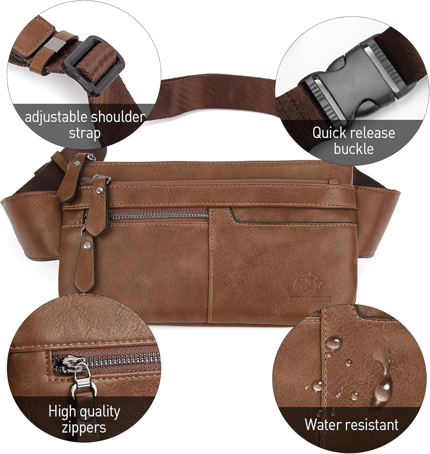 BISON DENIM Leather Waist Pack Fanny Pack Hip Purse Travel Hiking Bum Bag Belt Bag for Men Women
