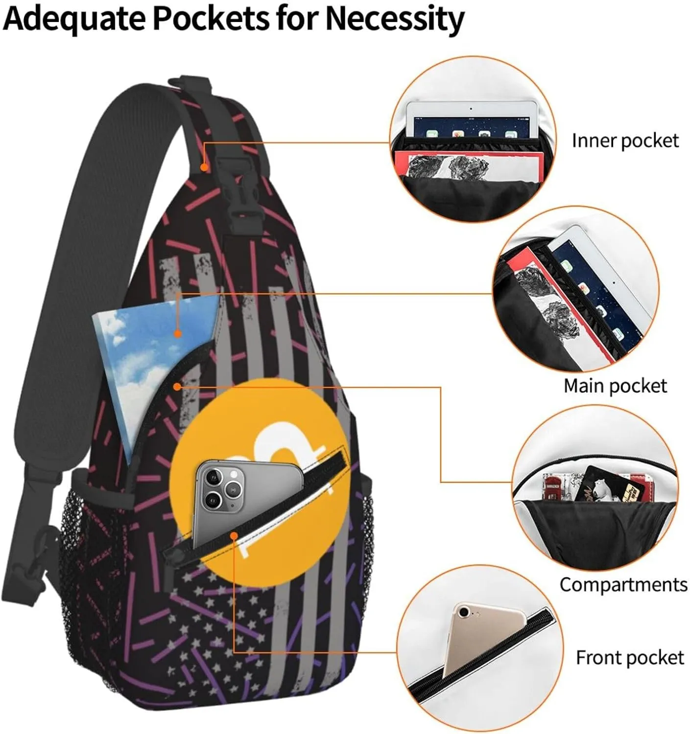 Bitcoin Symbol Classic Crossbody Backpack Chest Shoulder Bag Lightweight One Strap Travel Hiking Daypack