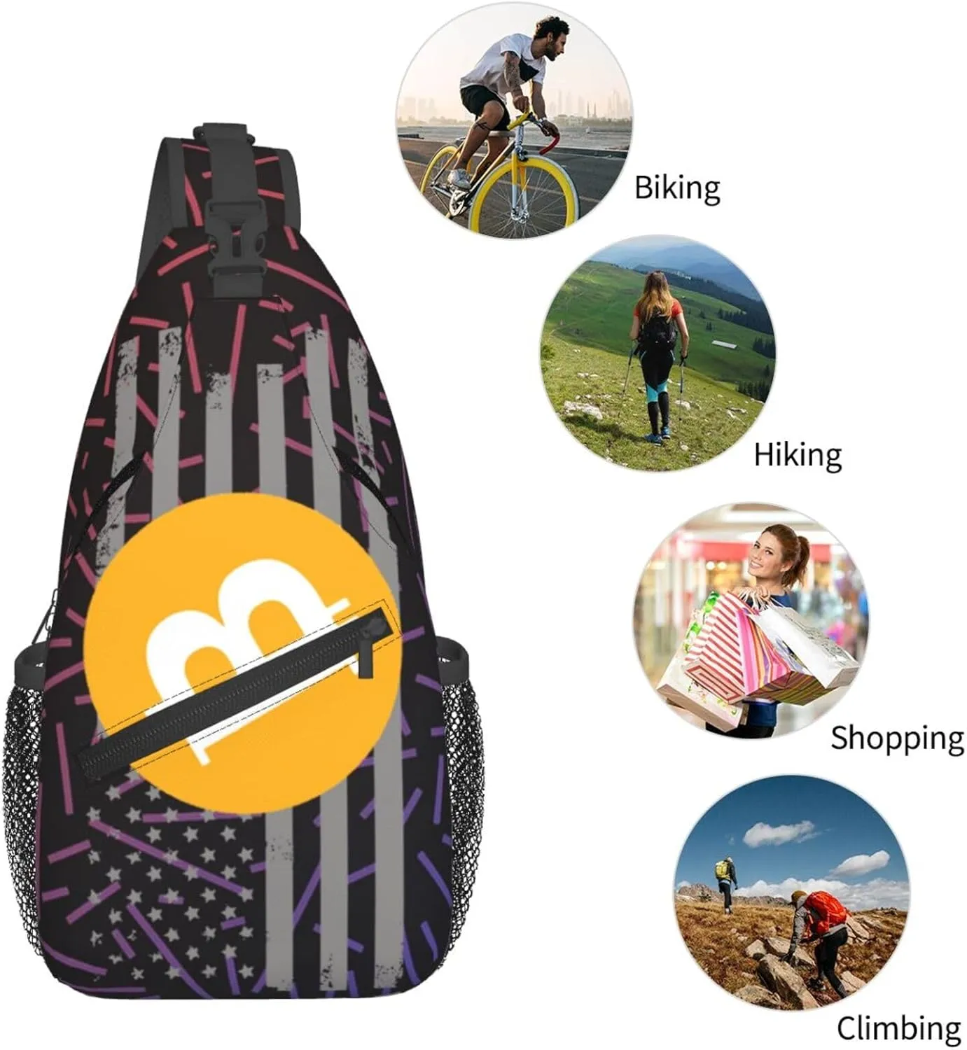 Bitcoin Symbol Classic Crossbody Backpack Chest Shoulder Bag Lightweight One Strap Travel Hiking Daypack