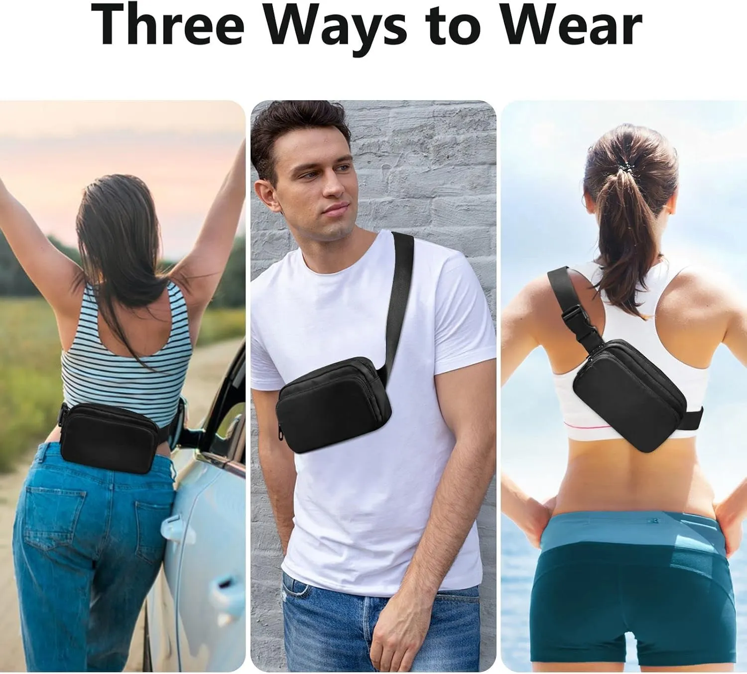 Black Fanny Packs for Women Men, Crossbody Bags Fashionable Running Waist Packs with Adjustable Strap for Traveling Black