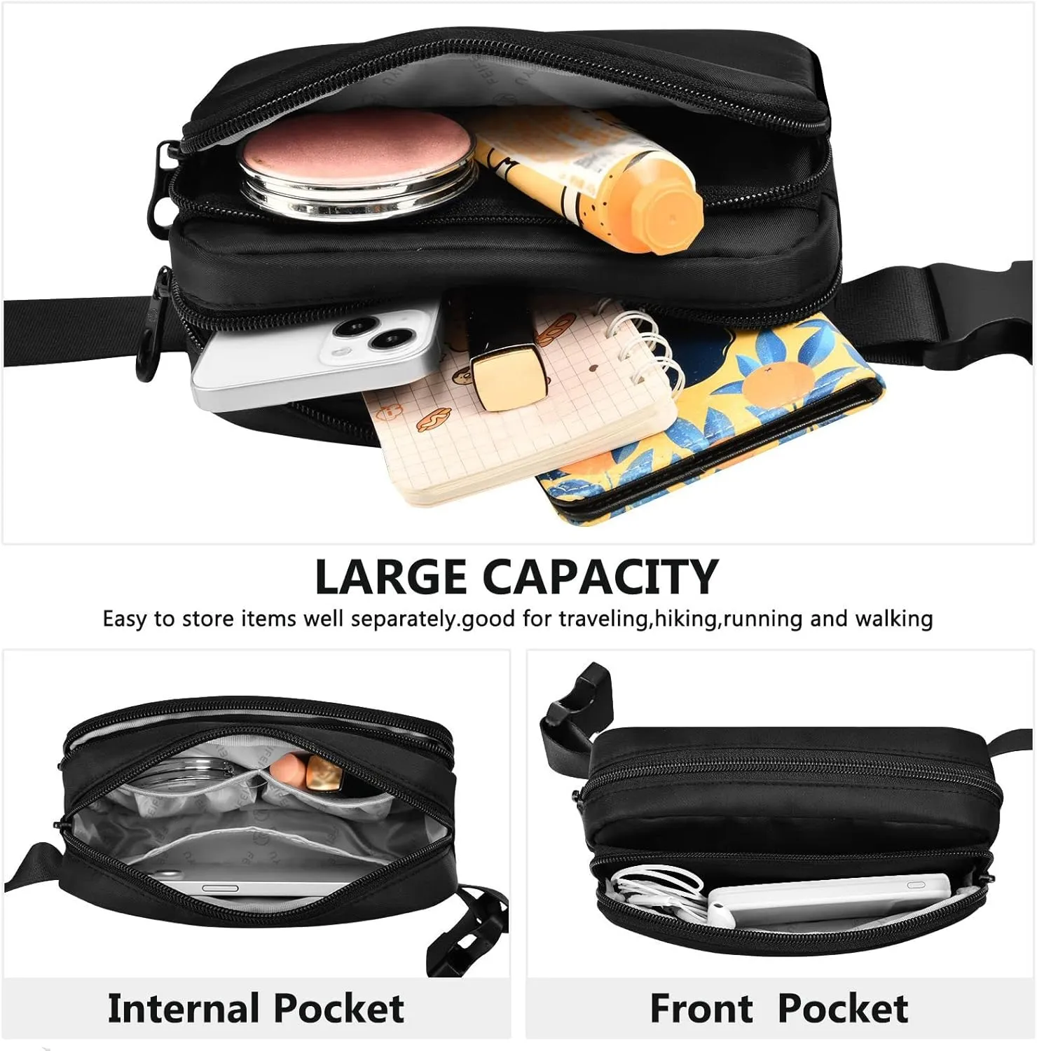 Black Fanny Packs for Women Men, Crossbody Bags Fashionable Running Waist Packs with Adjustable Strap for Traveling Black