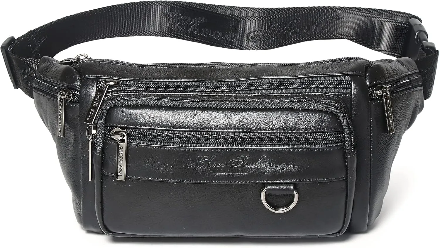 Black Genuine Leather Fanny Pack Waist Bag for Men Women Multifunction Hip Bum Bag Fashionable Multi-Pockets Waist Belt Bag for Travel Sports Hiking Cycling Fishing Running