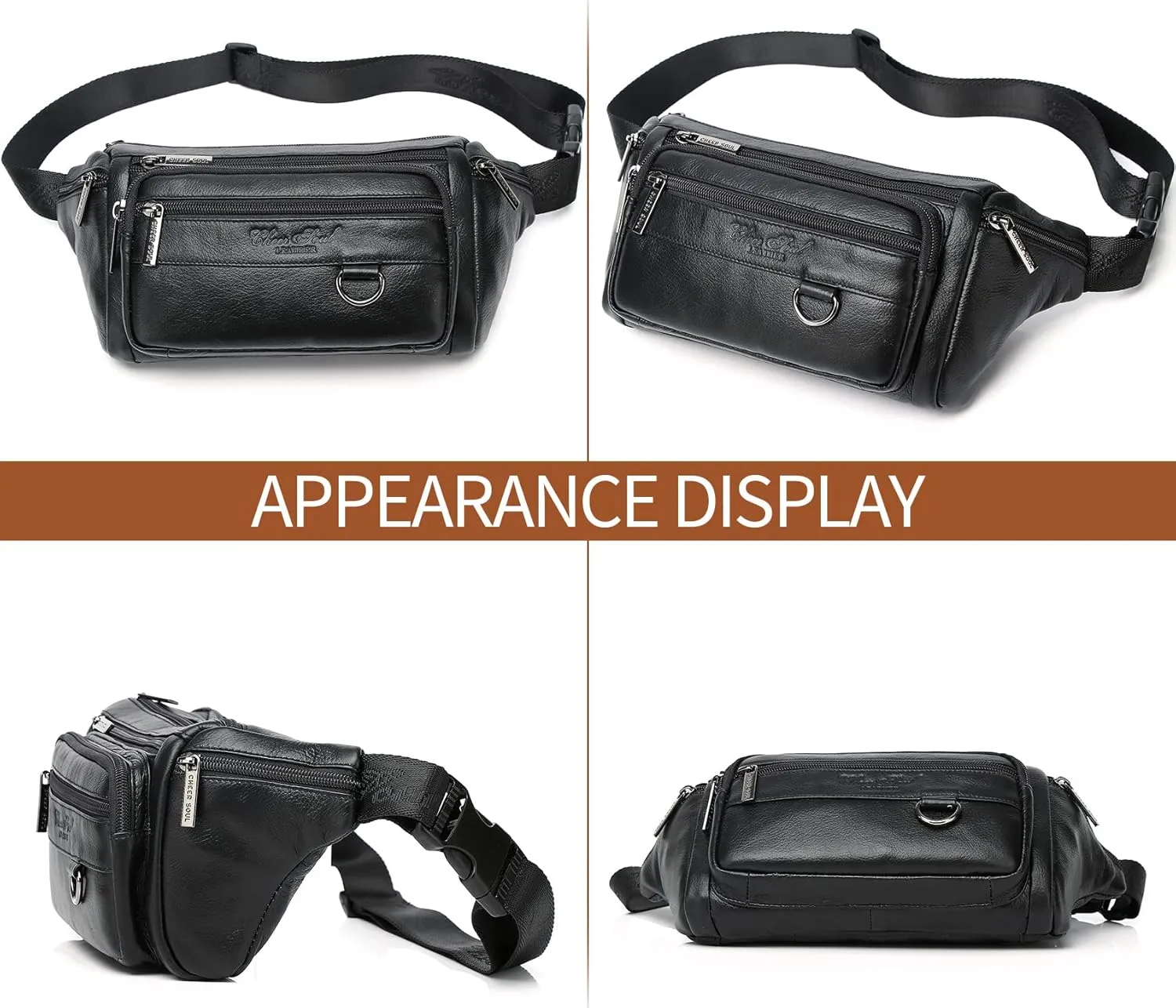 Black Genuine Leather Fanny Pack Waist Bag for Men Women Multifunction Hip Bum Bag Fashionable Multi-Pockets Waist Belt Bag for Travel Sports Hiking Cycling Fishing Running