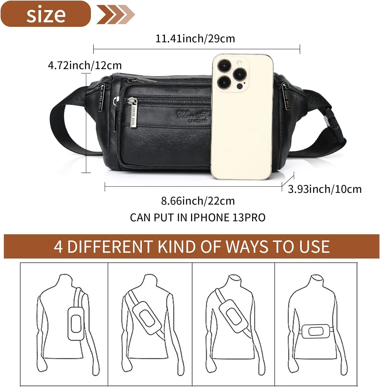Black Genuine Leather Fanny Pack Waist Bag for Men Women Multifunction Hip Bum Bag Fashionable Multi-Pockets Waist Belt Bag for Travel Sports Hiking Cycling Fishing Running