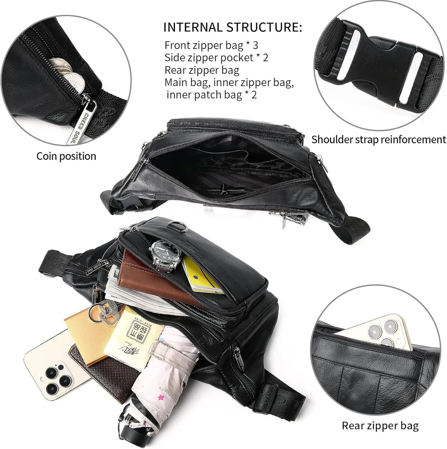 Black Genuine Leather Fanny Pack Waist Bag for Men Women Multifunction Hip Bum Bag Fashionable Multi-Pockets Waist Belt Bag for Travel Sports Hiking Cycling Fishing Running