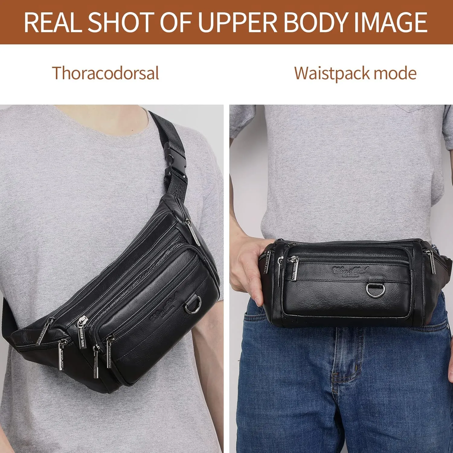 Black Genuine Leather Fanny Pack Waist Bag for Men Women Multifunction Hip Bum Bag Fashionable Multi-Pockets Waist Belt Bag for Travel Sports Hiking Cycling Fishing Running