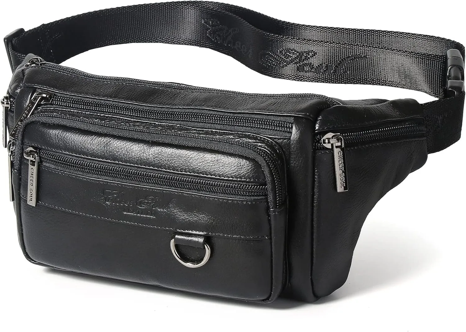 Black Genuine Leather Fanny Pack Waist Bag for Men Women Multifunction Hip Bum Bag Fashionable Multi-Pockets Waist Belt Bag for Travel Sports Hiking Cycling Fishing Running