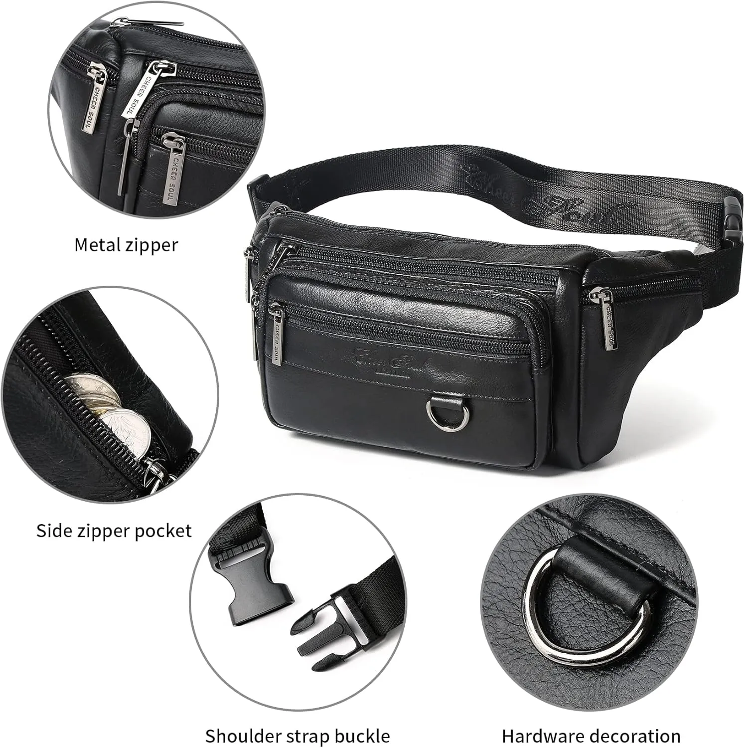 Black Genuine Leather Fanny Pack Waist Bag for Men Women Multifunction Hip Bum Bag Fashionable Multi-Pockets Waist Belt Bag for Travel Sports Hiking Cycling Fishing Running