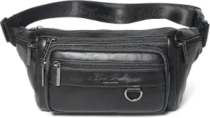 Black Genuine Leather Fanny Pack Waist Bag for Men Women Multifunction Hip Bum Bag Fashionable Multi-Pockets Waist Belt Bag for Travel Sports Hiking Cycling Fishing Running