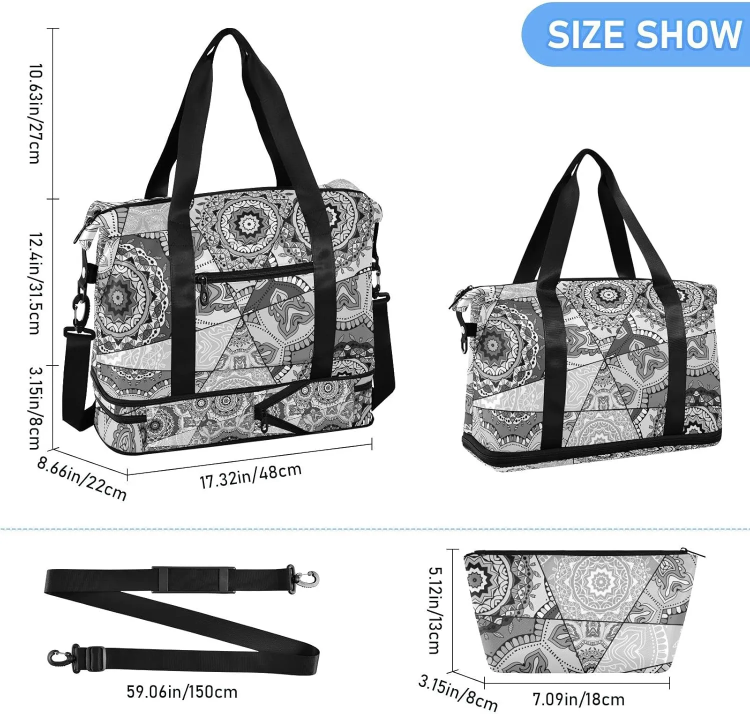 Black Grey White Mosaic Graffiti Patchwork Indian, Turkish Motifs Gym Duffel Bag, Polyester Travel Weekender Luggage Handbag with Waterproof Pocket for Wet Items, Unisex Foldable Tote for Sports