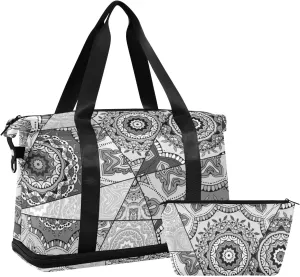 Black Grey White Mosaic Graffiti Patchwork Indian, Turkish Motifs Gym Duffel Bag, Polyester Travel Weekender Luggage Handbag with Waterproof Pocket for Wet Items, Unisex Foldable Tote for Sports
