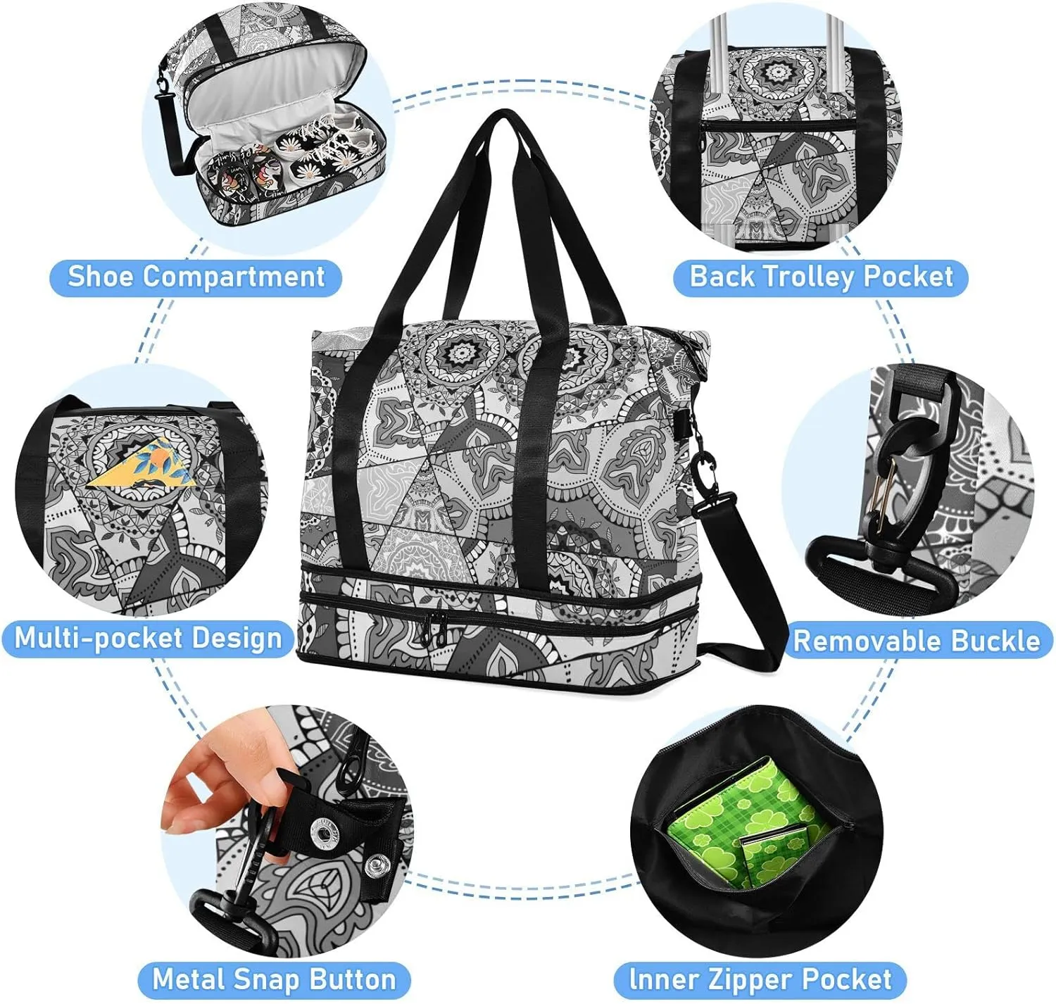 Black Grey White Mosaic Graffiti Patchwork Indian, Turkish Motifs Gym Duffel Bag, Polyester Travel Weekender Luggage Handbag with Waterproof Pocket for Wet Items, Unisex Foldable Tote for Sports