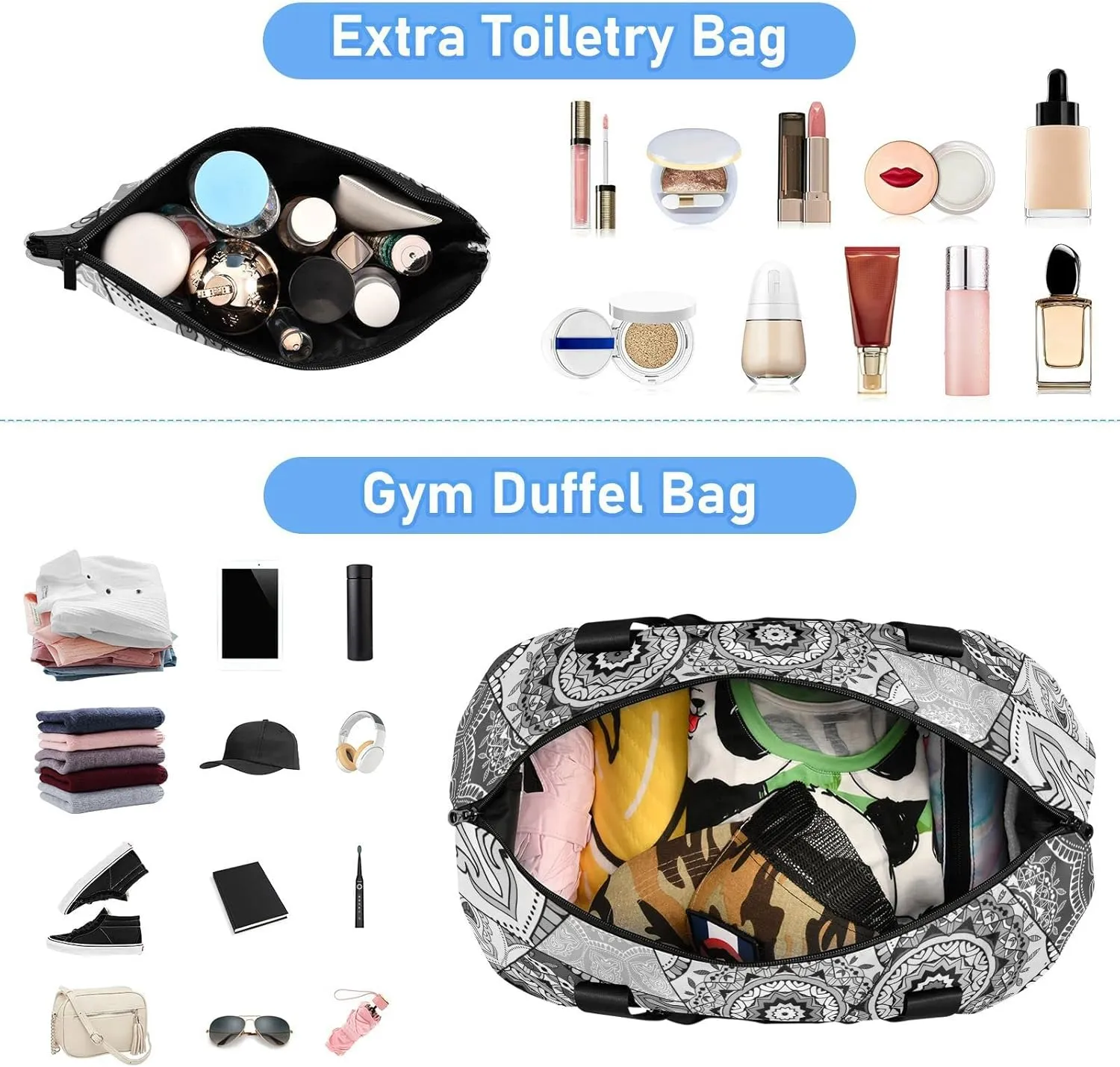 Black Grey White Mosaic Graffiti Patchwork Indian, Turkish Motifs Gym Duffel Bag, Polyester Travel Weekender Luggage Handbag with Waterproof Pocket for Wet Items, Unisex Foldable Tote for Sports