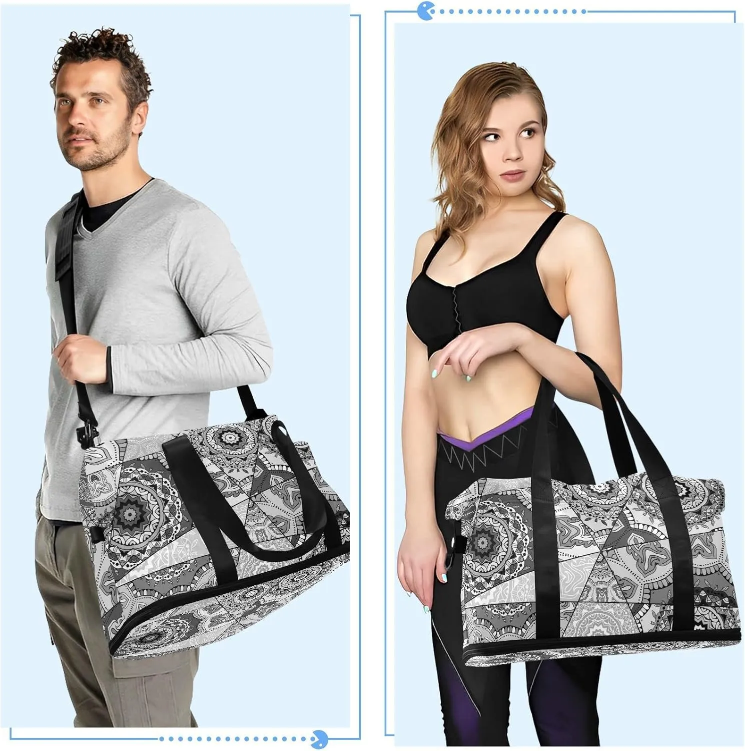 Black Grey White Mosaic Graffiti Patchwork Indian, Turkish Motifs Gym Duffel Bag, Polyester Travel Weekender Luggage Handbag with Waterproof Pocket for Wet Items, Unisex Foldable Tote for Sports