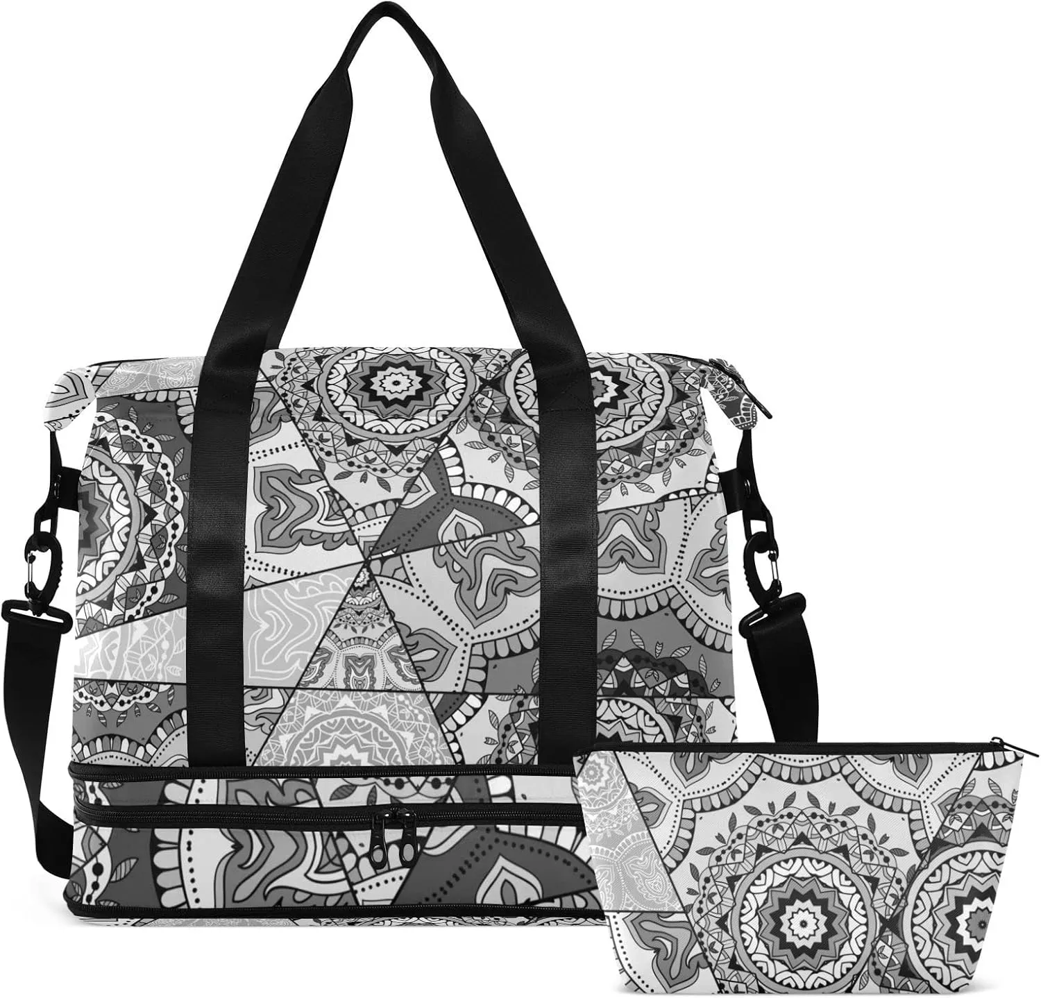 Black Grey White Mosaic Graffiti Patchwork Indian, Turkish Motifs Gym Duffel Bag, Polyester Travel Weekender Luggage Handbag with Waterproof Pocket for Wet Items, Unisex Foldable Tote for Sports