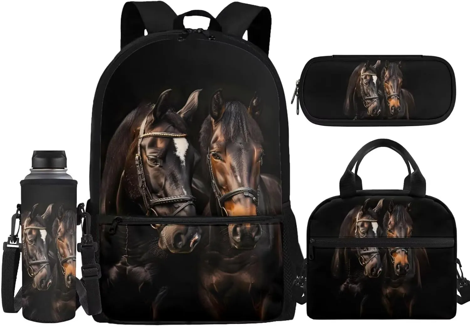 Black Horse Backpack for Girls 10-12 Large Daypack School Backpack for Teens Girls 4Pack Book Bags Elementary School Bag with Lunchbox Pencil Case Water Bottle Holder