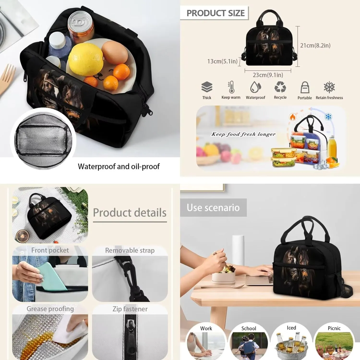 Black Horse Backpack for Girls 10-12 Large Daypack School Backpack for Teens Girls 4Pack Book Bags Elementary School Bag with Lunchbox Pencil Case Water Bottle Holder