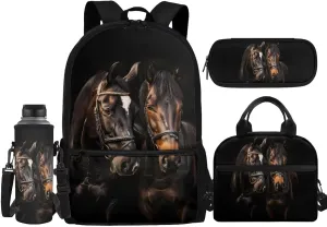 Black Horse Backpack for Girls 10-12 Large Daypack School Backpack for Teens Girls 4Pack Book Bags Elementary School Bag with Lunchbox Pencil Case Water Bottle Holder