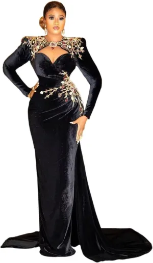 Black Velour Mermaid Prom Dresses Pretty Appliques Flowers Beaded ASO EBI Party Evening Gowns