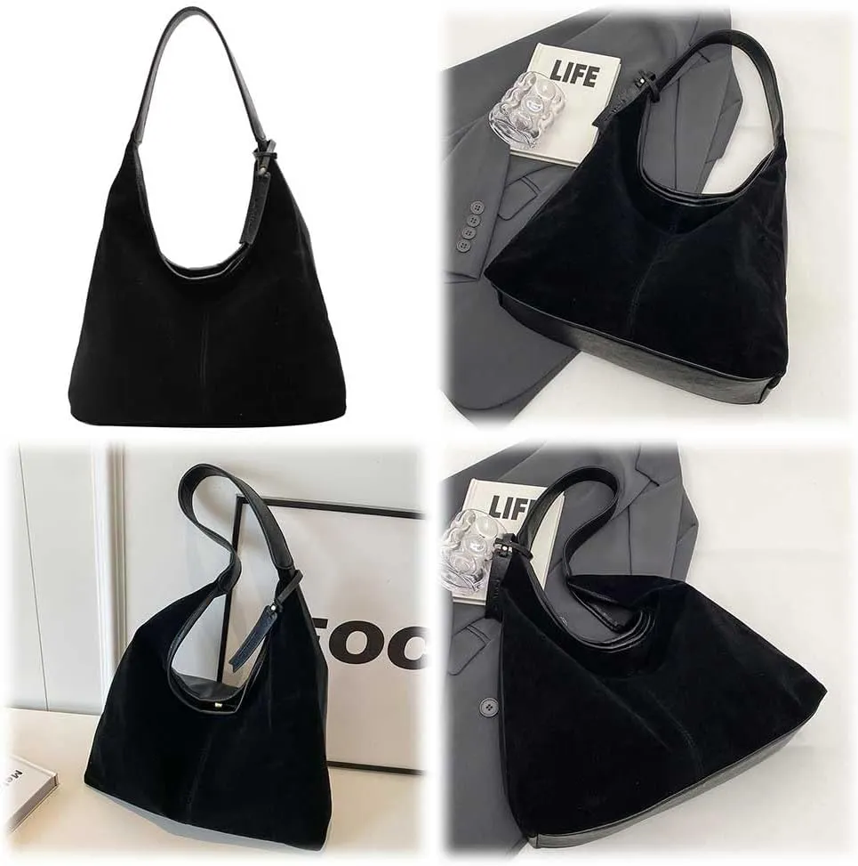Black/Brown Suede Purse Tote Bag for Women 2024 Slouchy Hobo Bag Fall Shoulder Bag Large Work Travel Bag