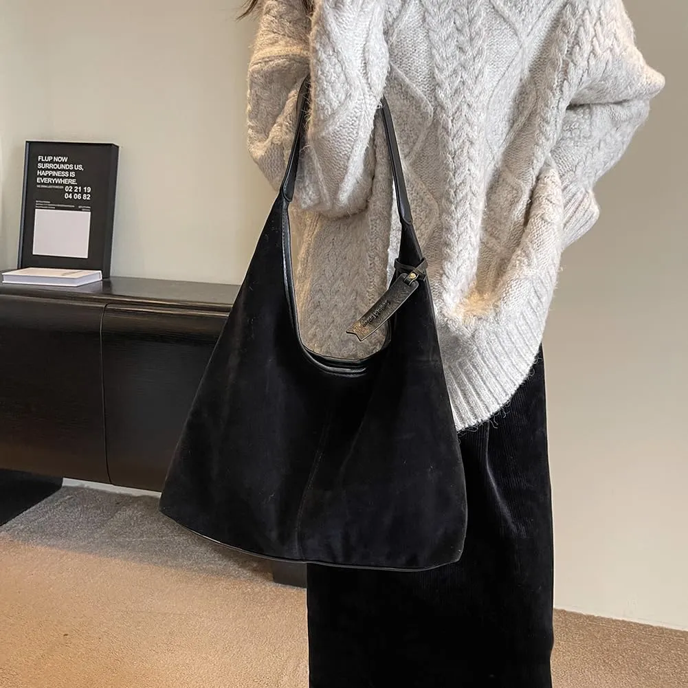 Black/Brown Suede Purse Tote Bag for Women 2024 Slouchy Hobo Bag Fall Shoulder Bag Large Work Travel Bag
