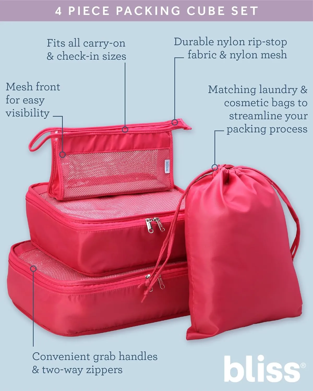 Bliss Travel Packing Cubes - 3 Pack/4 Pack/5 Pack Compact Suitcase Organizer, Durable Mesh Front Travel Cubes for Packing, Organizer Bags for Clothes, Toiletries, Cosmetics, Laundry, 4PC Hibiscus