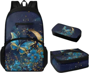 Blue Butterfly 3pcs Backpack Set Toddler Girl Backpack and Lunch Box Set,Protable Large Capacity Kids School Handbag Book Bag for Girls Fits Notebooks Lunch Box Water Bottles Phone