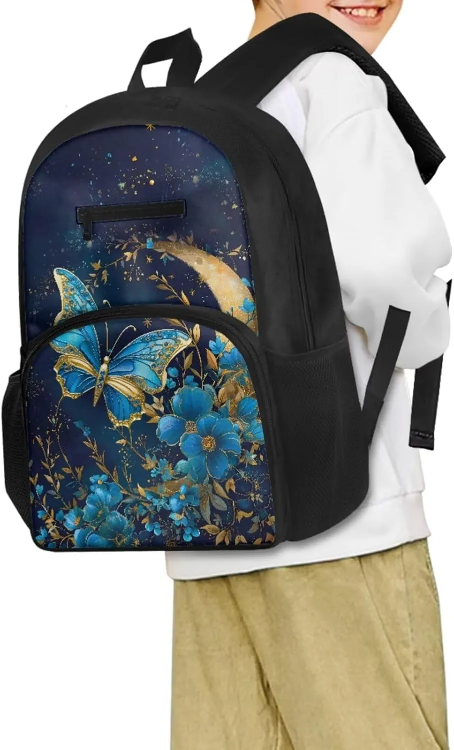 Blue Butterfly 3pcs Backpack Set Toddler Girl Backpack and Lunch Box Set,Protable Large Capacity Kids School Handbag Book Bag for Girls Fits Notebooks Lunch Box Water Bottles Phone